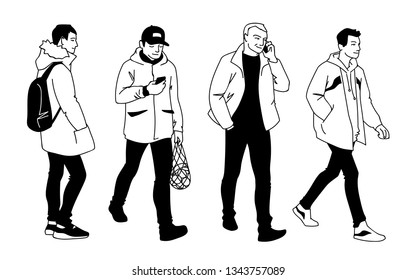 Men in different poses. Monochrome vector illustration of set of young and adult men standing and walking in simple line art style. Hand drawn sketch isolated on white background.