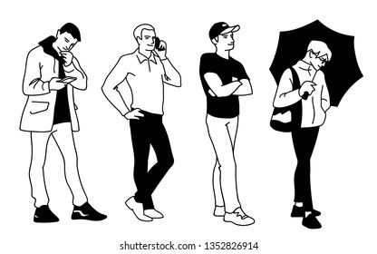 Men in different poses. Monochrome vector illustration of set of young and adult men standing in simple line art style. Front view. Hand drawn sketch isolated on white background.