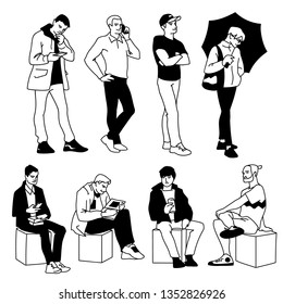 Men in different poses. Monochrome vector illustration of set of young and adult men standing and sitting in simple line art style. Front view. Hand drawn sketch isolated on white background.