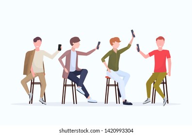 men in different poses taking selfie photo on smartphone camera casual male cartoon characters group sitting on chair posing white background flat full length horizontal