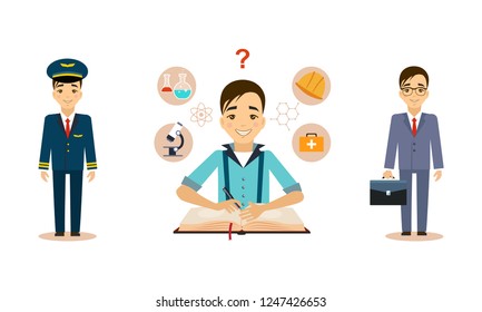 Men of different professions set, pilot, scientist, businessman, working people vector Illustration on a white background