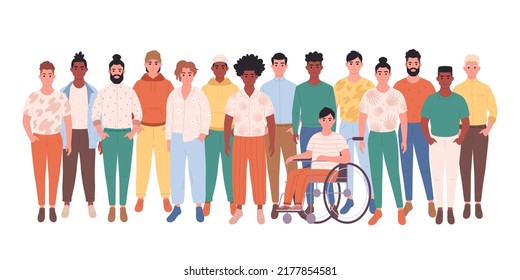 Men of different races, body types, hairstyles. Social diversity of people in modern society. Man with physical disability. Fashionable casual outfit. Hand drawn vector illustration