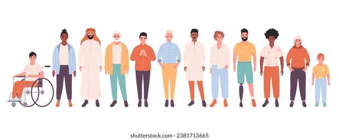 Men of different races, nationalities, age. Men with physical disability. Social diversity. Vector illustration in flat style
