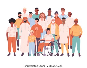 Men of different races, nationalities, age. Men with physical disability. Social diversity. Vector illustration in flat style