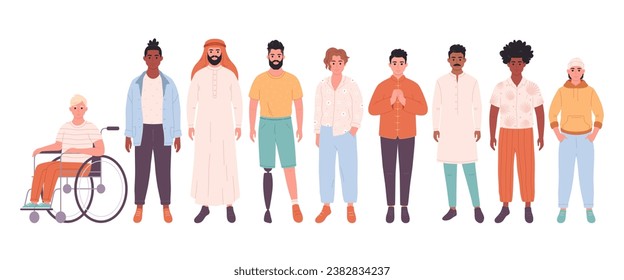 Men of different races, nationalities. Men with physical disability. Social diversity. Vector illustration in flat style