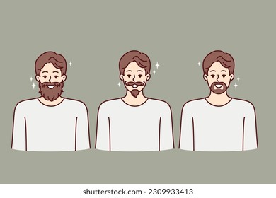 Men with different style mustaches and beards for advertising hipster barbershop or beauty salon. Hipster boys smiling showing off youthful haircut and trendy beard made in barbershop