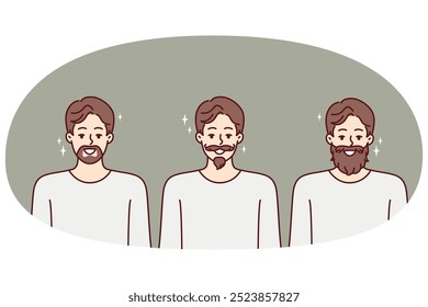 Homens com diferentes estilo de bigodes e barbas para anunciar barbearia hipster ou salão de beleza. Meninos de hipster sorrindo mostrando corte de cabelo jovem e barba da moda feita em barbearia