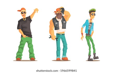 Men of Different Subcultures Set, Male Rapper, Biker, Punk Characters Cartoon Vector Illustration