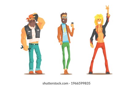 Men of Different Subcultures Set, Rocker, Hipster, Rapper Characters Cartoon Vector Illustration