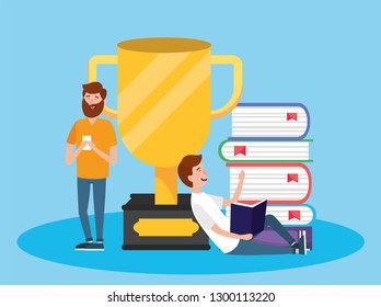 men with digital books education and cup
