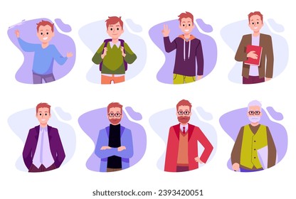 Men of diifferent life stages cartoon characters. Male growing up and aging. Baby, child, teenager, adult, mature, pensioner and old persons vector illustrations isolated set. Human life cycles.