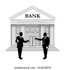 Men discuss case against background bank building Communication Black and white illustration Image Vector Icon debate pay dialog business negotiations clerk finance discussion credit silhouette man
