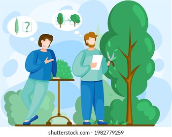 Los hombres discuten el plan de plantación de árboles. Jardinería estacional con jardineros trabajando en un jardín al aire libre, cultivando plantas y flores. Agricultura, labranza y agricultura orgánica, cuidado de plantas, pasatiempos de jardinería