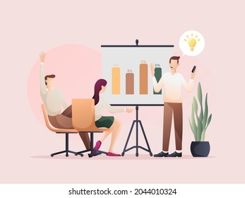 Men discussing with attendees listening. Flat design Illustration about the discussion.