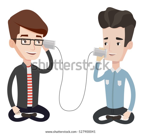 ブリキを使って何かを話し合う男性は 電話で話すことができます スズの友達からメッセージを受け取った男は電話できる ブリキの電話で話す友達 白い背景にベクターフラットデザインイラスト のベクター画像素材 ロイヤリティフリー