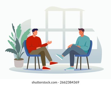 Hombres discutiendo, hablando, discutiendo, dando entrevistas. Dos hombres sentados en sillas uno frente al otro. Oficina, estudio. Diseño plano, Ilustración vectorial