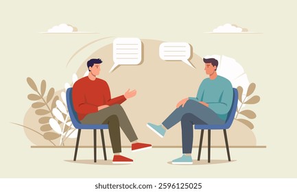 Men discussing, talking, debating, giving interview. Two men sitting in chairs opposite each other, speech bubbles. Flat design vector illustration