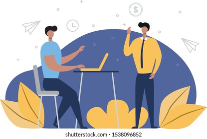 Men are discussing working issues in office. Work, business, discussion, project managment. Vector illustration