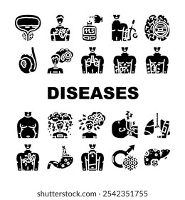 doenças masculinas ícones do câncer de próstata definir vetor. diabetes hipertensão, obesidade depressão, acidente vascular encefálico, osteoporose erétil homens doenças do câncer de próstata glifo pictograma Ilustrações