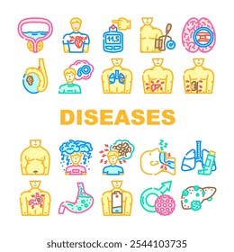 men diseases prostate cancer icons set vector. diabetes hypertension, obesity depression, heart stroke, erectile osteoporosis men diseases prostate cancer color line illustrations