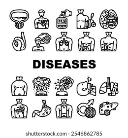 men diseases prostate cancer icons set vector. diabetes hypertension, obesity depression, heart stroke, erectile osteoporosis men diseases prostate cancer black contour illustrations