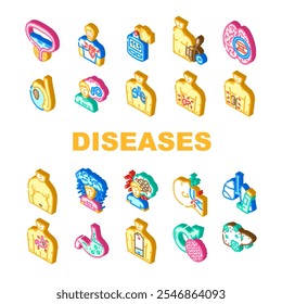 men diseases prostate cancer icons set vector. diabetes hypertension, obesity depression, heart stroke, erectile osteoporosis men diseases prostate cancer isometric sign illustrations