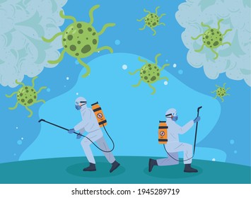 Men disinfecting covid and bubbles