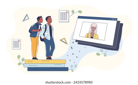 Men with distance education simple. Two young guys look at distant lecture from teacher. Online learning and training. Doodle flat vector illustraton isolated on white background