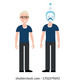 Men in diving mask and casual clothing and shoes. Underwater recreational activity, office style. Isolated vector illustration