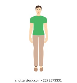 Men to do ankle measurement body with arrows fashion Illustration for size chart. Flat male character front 8 head size boy in green shirt. Human gentlemen infographic template for clothes