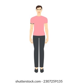 Hombres para hacer el cuerpo de medición de biceps con flechas Moda Ilustración para la gráfica de tamaño. Carácter hombre plano frente a 8 cabezas niño con camisa rosa. Plantilla infográfica de caballeros humanos para ropa