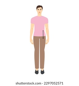 Men to do body rise measurement body with arrows fashion Illustration for size chart. Flat male character front 8 head size boy in pink shirt. Human gentlemen infographic template for clothes