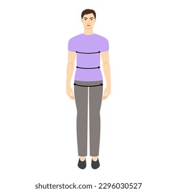 Hombres para hacer busto, cintura, cuerpo de medición de caderas, flechas de moda Ilustración para la gráfica de tamaño. Carácter hombre plano frente a 8 cabezas niño con camisa morada. Plantilla infográfica de caballeros humanos para ropa