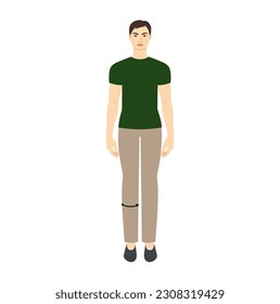 Men to do calf measurement body with arrows fashion Illustration for size chart. Flat male character front 8 head size boy in green shirt. Human gentlemen infographic template for clothes