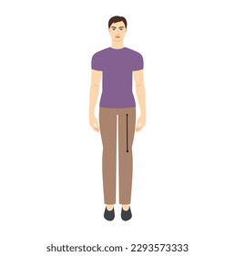 Men to do crotch to knee measurement body with arrows fashion Illustration for size chart. Flat male character front 8 head size boy in violet shirt. Human gentlemen infographic template for clothes