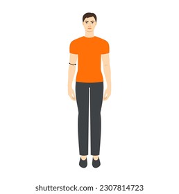 Men to do elbow measurement body with arrows fashion Illustration for size chart. Flat male character front 8 head size boy in orange shirt. Human gentlemen infographic template for clothes