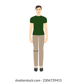 Men to do knee measurement body with arrows fashion Illustration for size chart. Flat male character front 8 head size boy in green shirt. Human gentlemen infographic template for clothes