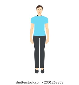 Men to do neck size measurement body with arrows fashion Illustration for size chart. Flat male character front 8 head size boy in blue shirt. Human gentlemen infographic template for clothes
