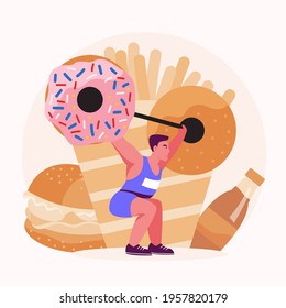 Men do weight training to burn calories from food and snacks like donuts, sweet drinks, fries and burgers. vector illustration flat design