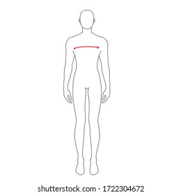 Männer, die eine x-front- und x-back-Messtechnik für Größendiagramme erstellen. 7,5 Köpfe Junge für Website oder Online-Shop. Menschliche Körper Infografik Vorlage für Kleidung. 