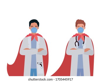 men doctors heroes with capes against 2019 ncov virus design of Covid 19 cov infection disease symptoms and medical theme Vector illustration