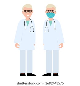 Men doctors standing half turn.  Male doctor with face medical mask. Set of isolated vector illustration