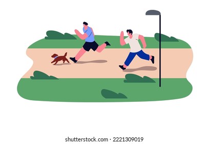 Men and dog running in park. People and doggy jogging outdoors in summer. Runners, pet owners training in nature. Guys during cardio workout. Flat vector illustration isolated on white background.