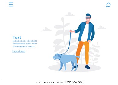 Hombres con perro. Ilustración vectorial para banner web, infografía, móvil. 