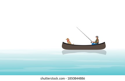 Hombres y perros pescando en una canoa.