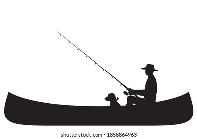 Men and dogs fishing in a canoe.silhouette