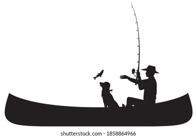 Men and dogs fishing in a canoe.silhouette