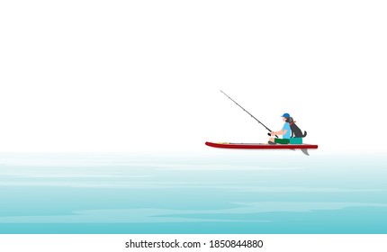 Men and dogs fishing on stand up paddle boards