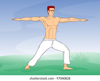 Hombres haciendo aerobic con brazos levantados y piernas y pies extendiéndose por la naturaleza Fondo