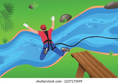 Men doing bungee jumping extreme activity concept vector illustration. 